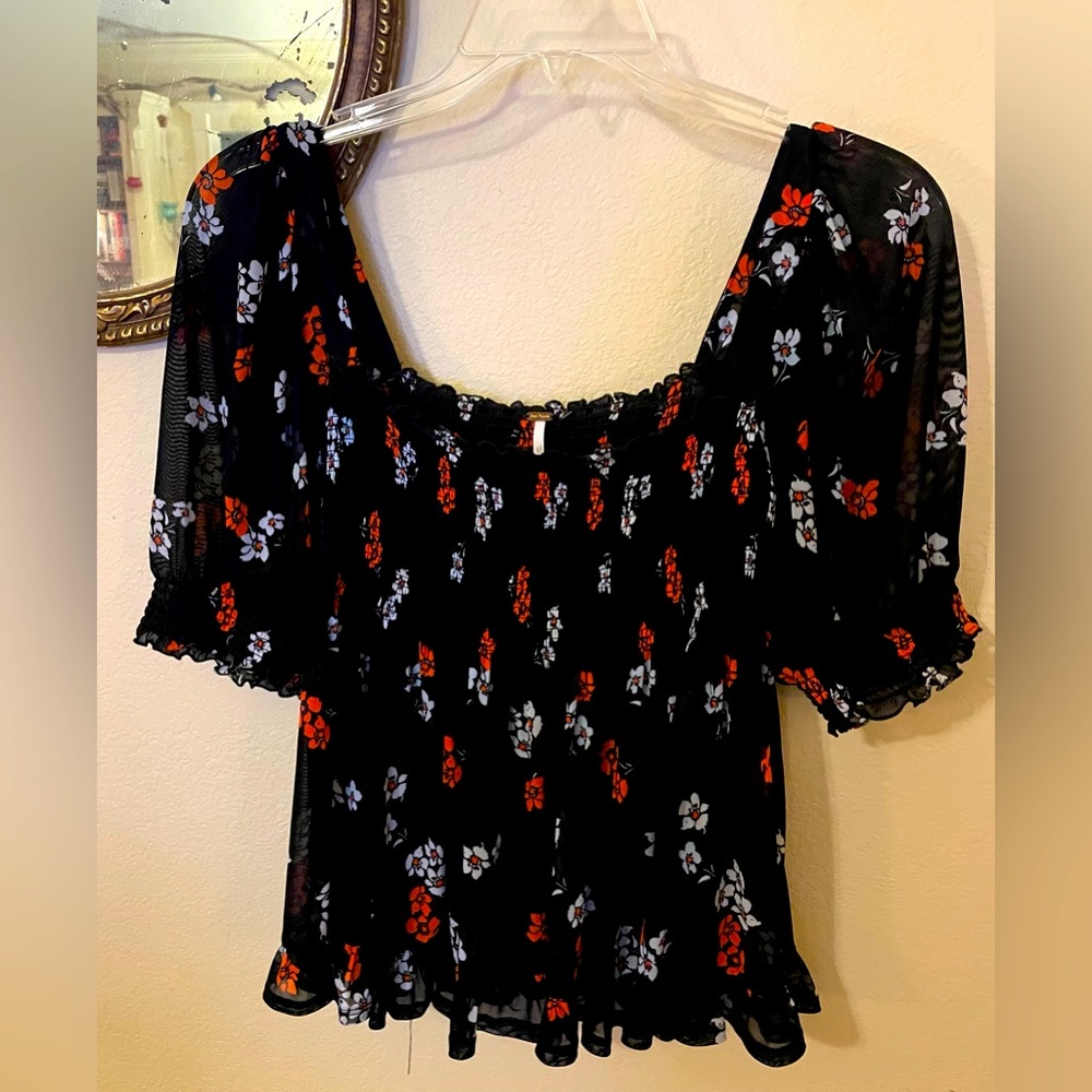 Free People Smocked Floral Off Shoulder Blouse in Small Petite